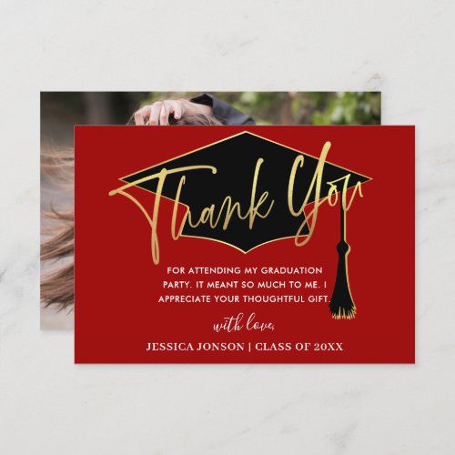 Modern Simple Minimalist Golden Red Graduation Thank You Card