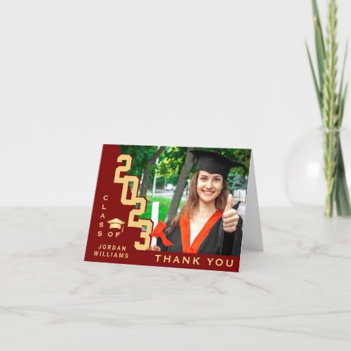 Modern Simple Minimalist Golden Red Graduation Thank You Card