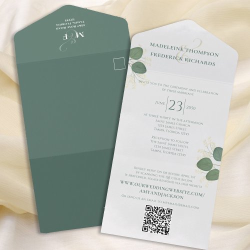 Modern Simple Minimalist Green  QR Code RSVP All In One Invitation