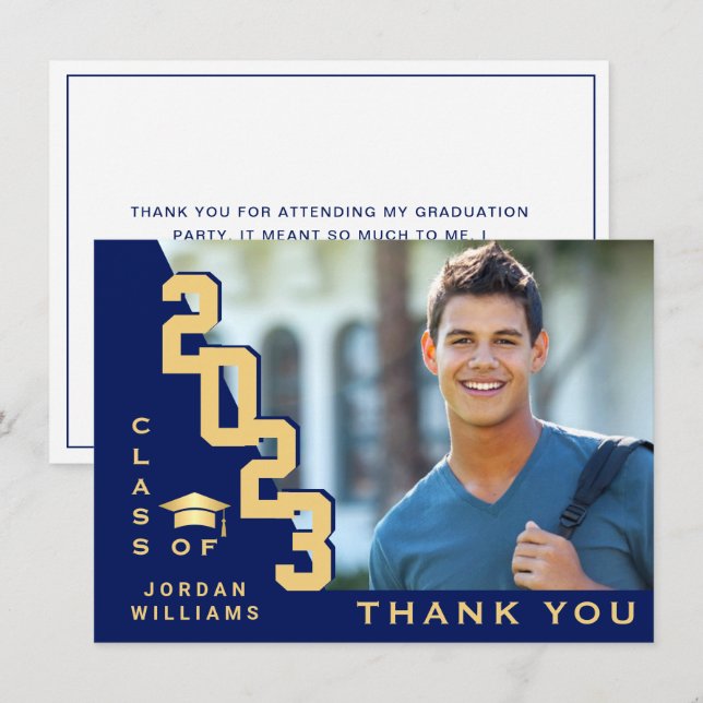 Modern Simple Minimalist Navy Blue Graduation Thank You Card (Front/Back)