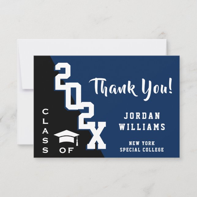 Modern Simple Minimalist Navy Blue Graduation Thank You Card (Front)