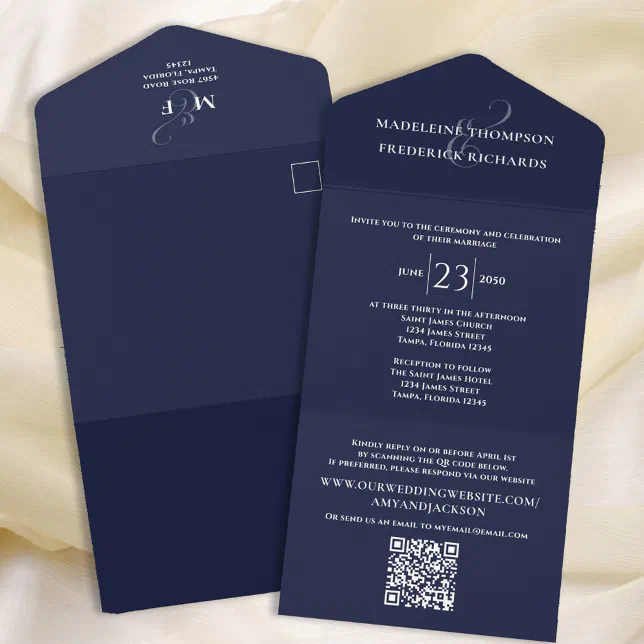 Modern Simple Minimalist Navy Blue | QR Code RSVP All In One Invitation ...