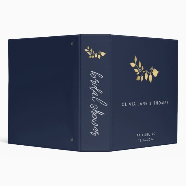 Modern Simple Minimalist Navy Gold Floral Wedding 3 Ring Binder (Background)