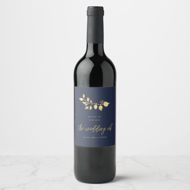Modern Simple Minimalist Navy Gold Floral Wedding Wine Label (Front)