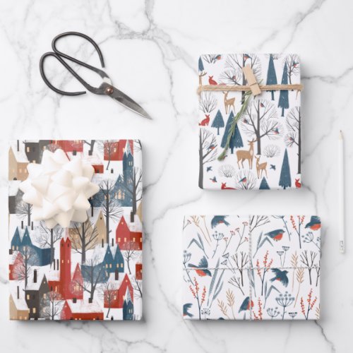 Modern Simple Minimalist Nordic Winter Town Forest Wrapping Paper Sheets