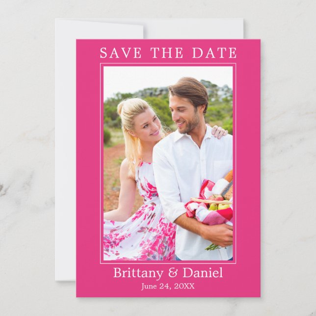 Modern Simple Minimalist Photo Hot Pink Save The Date (Front)