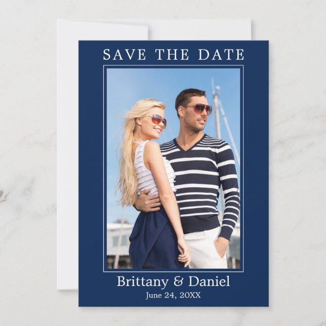 Modern Simple Minimalist Photo Navy Blue Save The Date (Front)
