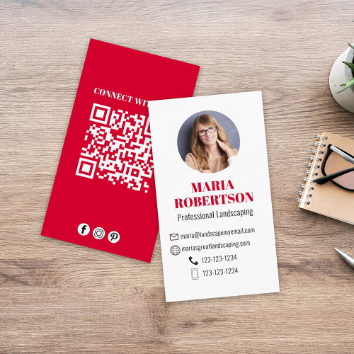 Modern Simple Minimalist QR Code Social Media Red Business Card