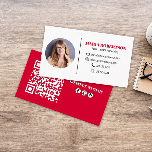 Modern Simple Minimalist QR Code Social Media Red Business Card
