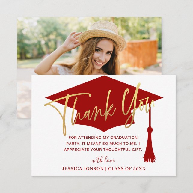 Modern Simple Minimalist Red Graduation Photo Thank You Card (Front/Back)
