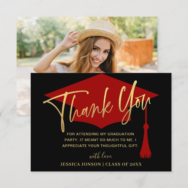 Modern Simple Minimalist Red Graduation Photo Thank You Card (Front/Back)