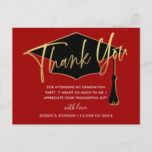 Modern Simple Minimalist Red Graduation Thank You Postcard