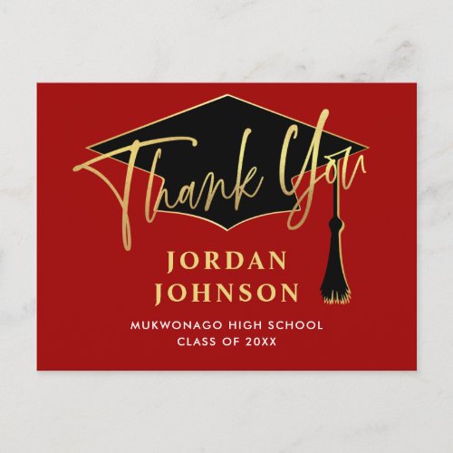 Modern Simple Minimalist Red Graduation Thank You Postcard