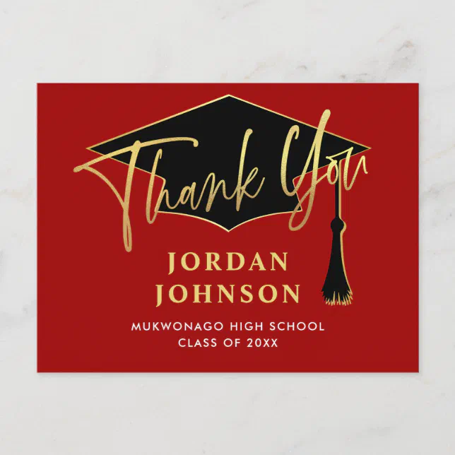Modern Simple Minimalist Red Graduation Thank You Postcard | Zazzle