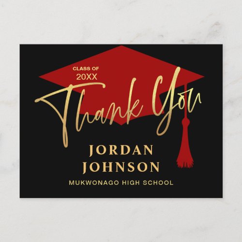 Modern Simple Minimalist Red Graduation Thank You Postcard