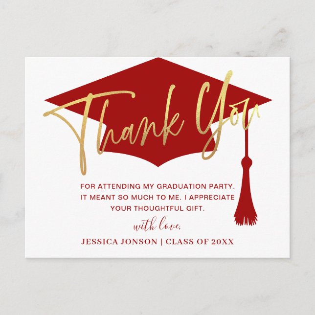 Modern Simple Minimalist Red Graduation Thank You Postcard (Front)
