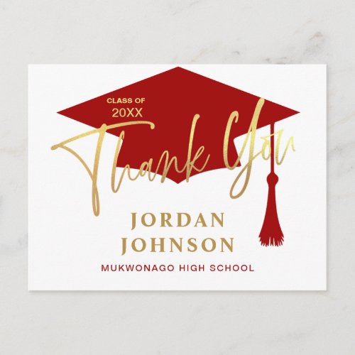 Modern Simple Minimalist Red Graduation Thank You Postcard