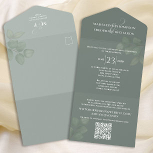 Modern Simple Minimalist Sage Green QR Code RSVP All In One Invitation