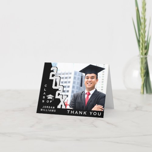 Modern Simple Minimalist Silver Black Graduation Thank You Card