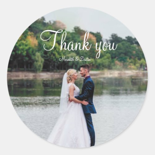 Modern simple minimalist wedding photo thank you  classic round sticker