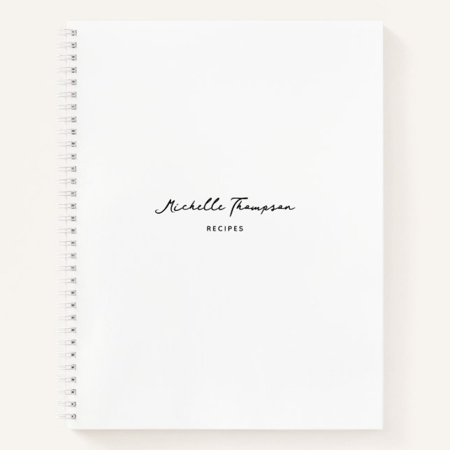 Modern Simple Minimalist White Script Name Recipe Notebook (Front)