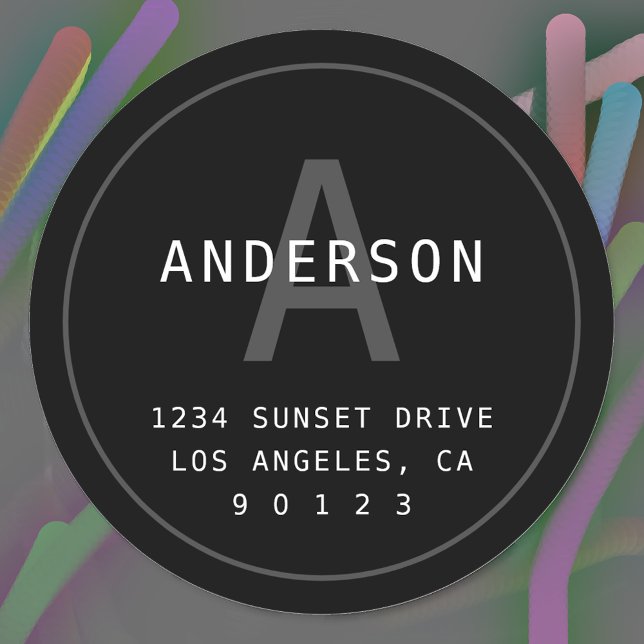 Modern Simple Monogram Address | Black Grey White Classic Round Sticker (Creator Uploaded)