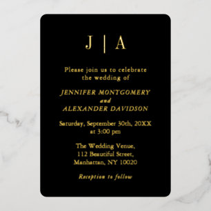 Modern Simple Monogram Black And Gold Wedding Foil Invitation