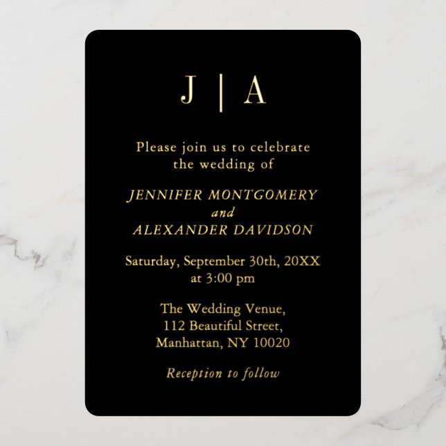 Modern Simple Monogram Black And Gold Wedding Foil Invitation (Front)