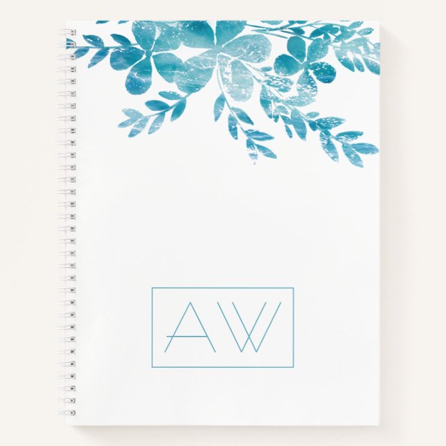 Modern Simple Monogram Blue White Floral Business Notebook (Front)