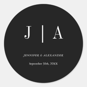 Modern Simple Monogram Couple Name Black And White Classic Round Sticker