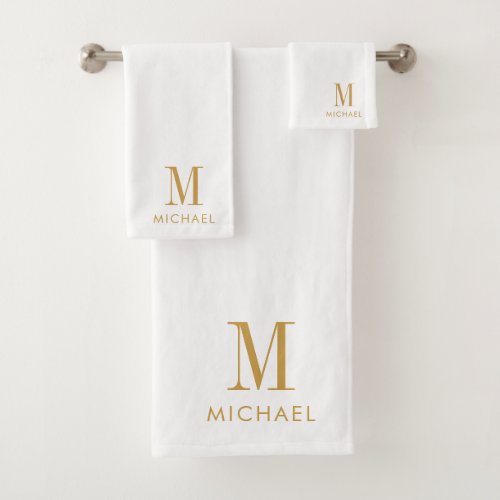 Modern Simple Monogram Gold Script Name White Bath Towel Set