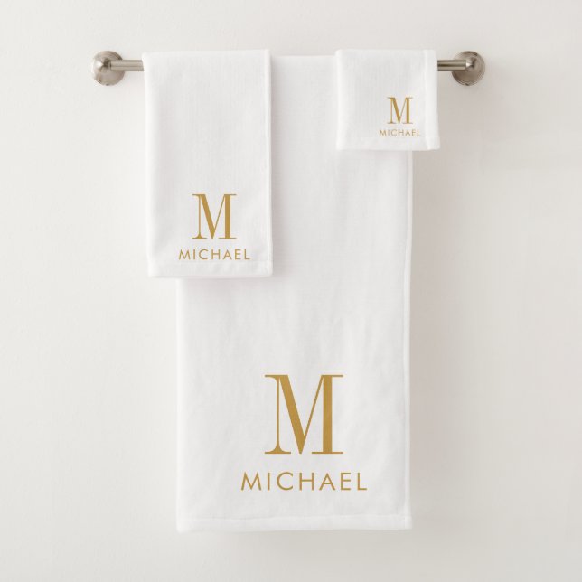 Modern Simple Monogram Gold Script Name White Bath Towel Set (Insitu)