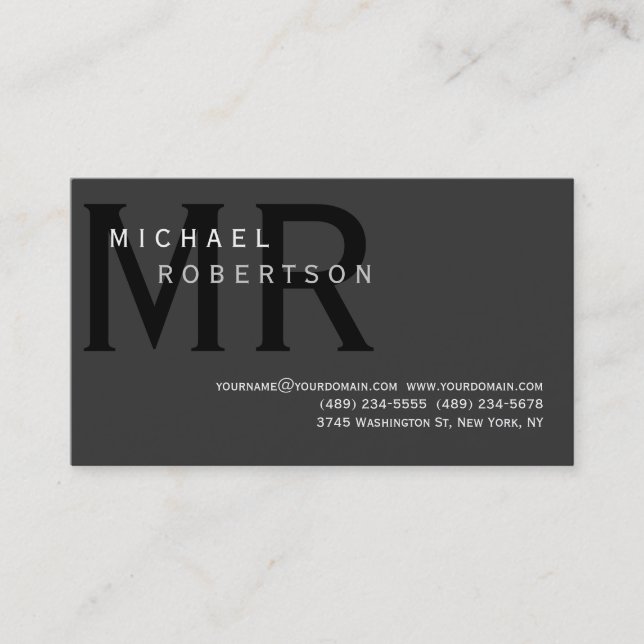 Modern Simple Monogram Gray Business Card (Front)