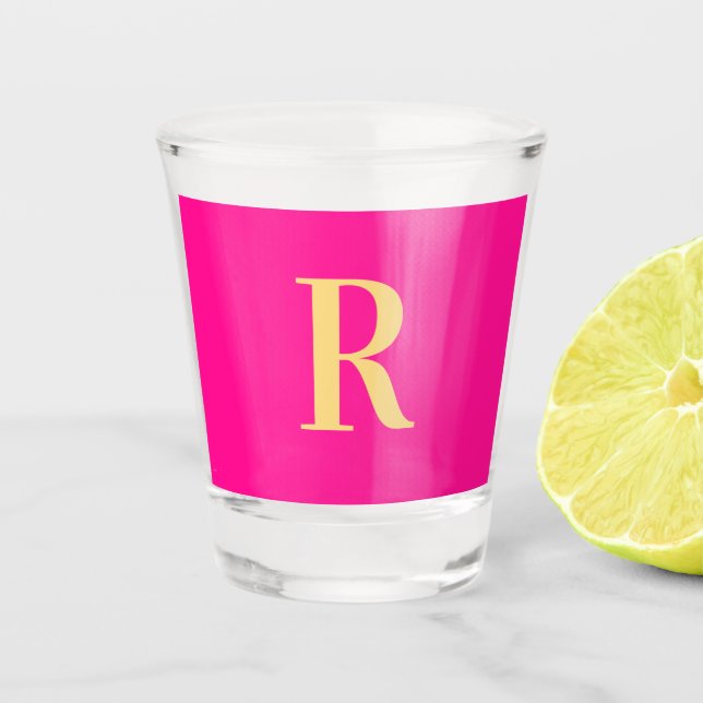 Modern Simple Monogram Hot Pink  Shot Glass (Front)