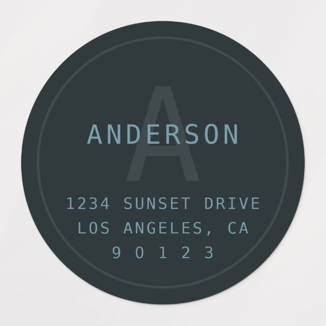 Modern Simple Monogram & Info Deep Grey Blue Green Labels (Design 3)