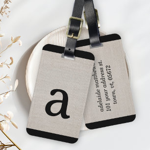 Modern Simple Monogram Initial Beige Linen Look Luggage Tag