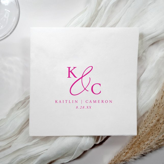 Modern Simple Monogram Magenta Pink Wedding Napkins (Magenta pink wedding napkins with monogram initials in elegant modern minimalist typography)