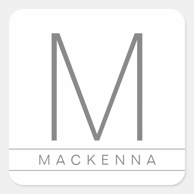 Modern Simple Monogram Name Gray White Stripe Square Sticker (Front)