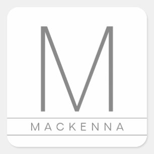 Modern Simple Monogram Name Gray White Stripe Square Sticker