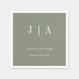 Modern Simple Monogram Sage Green White Wedding Napkins