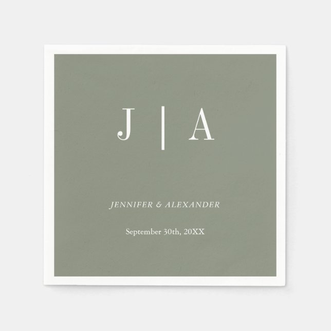 Modern Simple Monogram Sage Green White Wedding Napkins (Front)