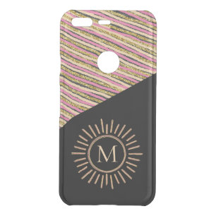 Modern Simple Monogram Stripes Gold Pink Uncommon Google Pixel Case
