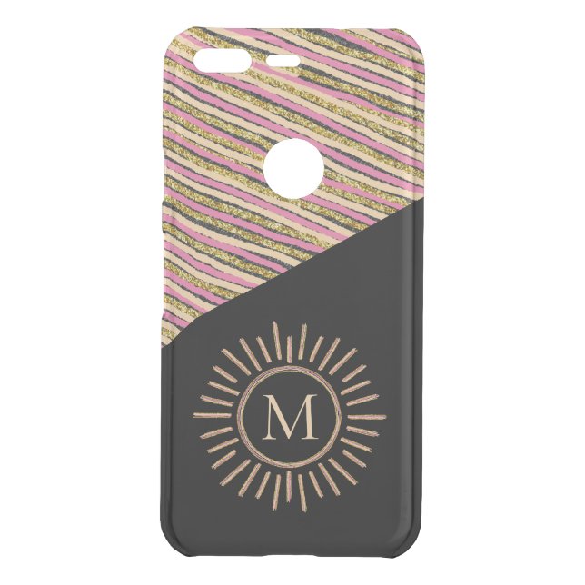 Modern Simple Monogram Stripes Gold Pink Uncommon Google Pixel Case (Back)