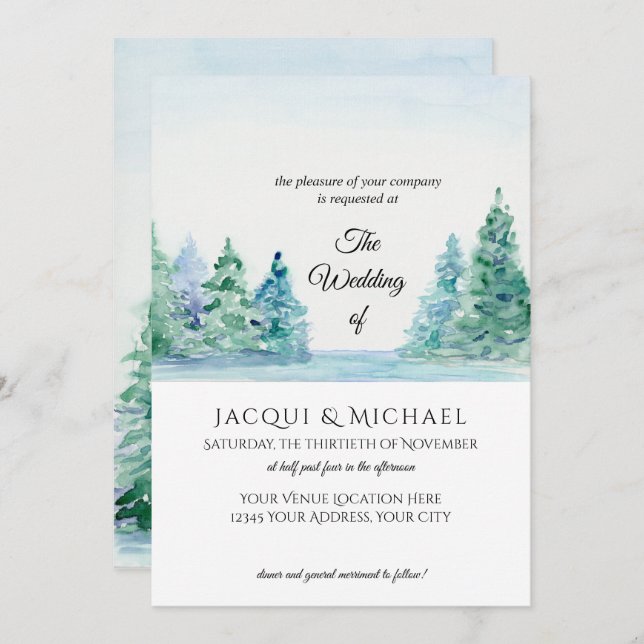 Modern Simple Mountain Lake n Forest Wedding Invitation (Front/Back)