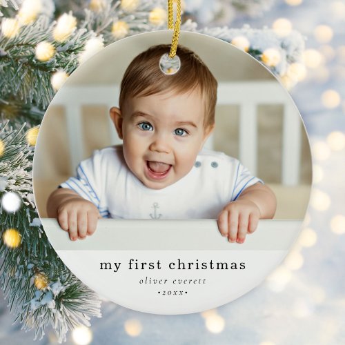 Modern Simple My First Christmas Baby Photo Ceramic Ornament