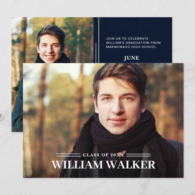 Modern Simple Navy 2 PHOTO Graduation Party Invitation (Front/Back)
