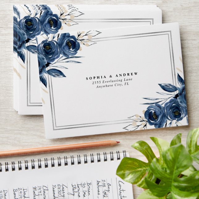 Modern Simple Navy Blue Floral  Monogram Wedding Envelope (Stacked)