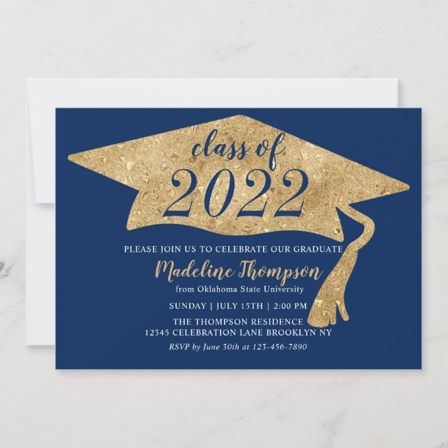 Modern Simple Navy Blue Gold Graduation Hat Invitation (Front)