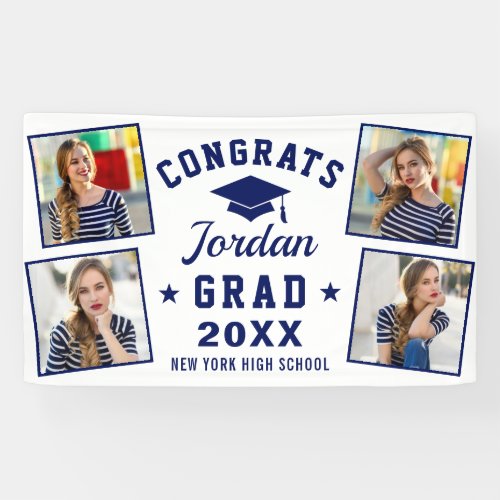 Modern Simple Navy Blue Graduation Party  4 PHOTO Banner