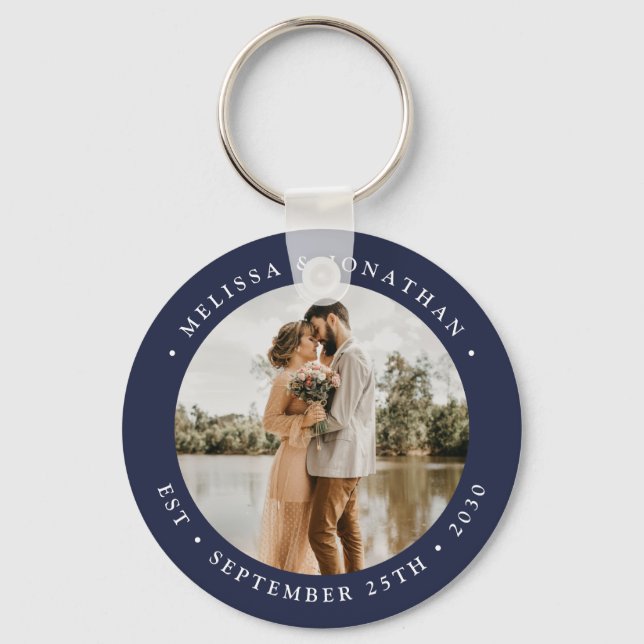 Modern Simple Navy Blue Photo Wedding Favor Keychain (Front)